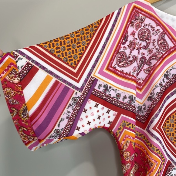 Laura NWT Colorful Patchwork Print Top Tied Waist Flowy Boho 70s Vibe Size 8 - Picture 6 of 12